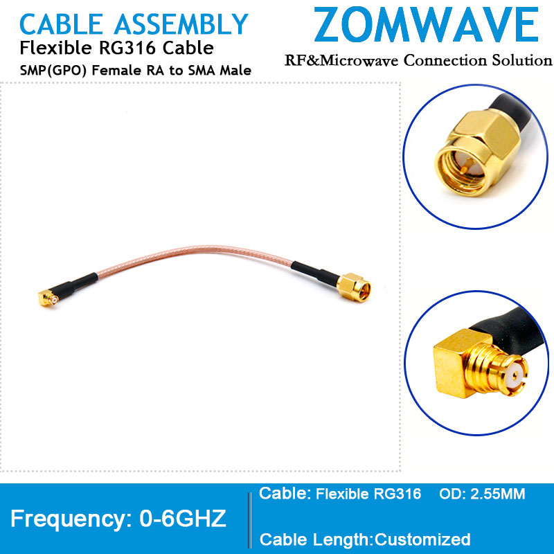 SMP(GPO) Female Right Angle to SMA Male, RG316 Cable, 6GHz