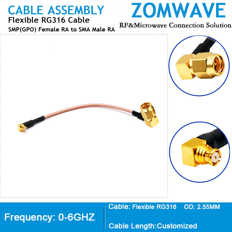 SMP(GPO) Female Right Angle to SMA Male Right Angle, RG316 Cable, 6GHz