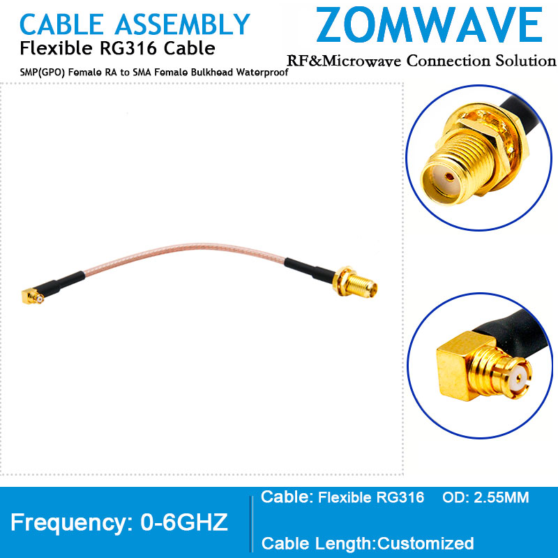 SMP(GPO) Female Right Angle to SMA Female Bulkhead Waterproof, RG316 Cable, 6GHz