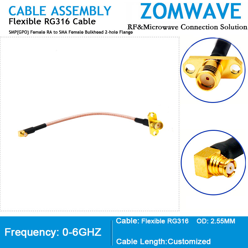 SMP(GPO) Female Right Angle to SMA Female Bulkhead 2-hole Flange, RG316, 6GHZ