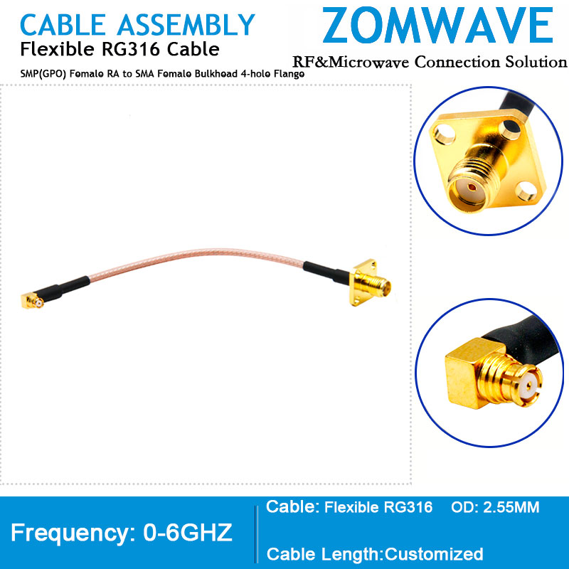 SMP(GPO) Female Right Angle to SMA Female Bulkhead 4-hole Flange, RG316, 6GHZ