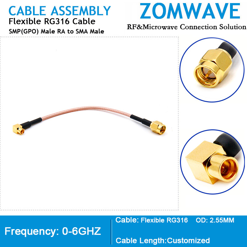 SMP(GPO) Male Right Angle to SMA Male, RG316 Cable, 6GHz