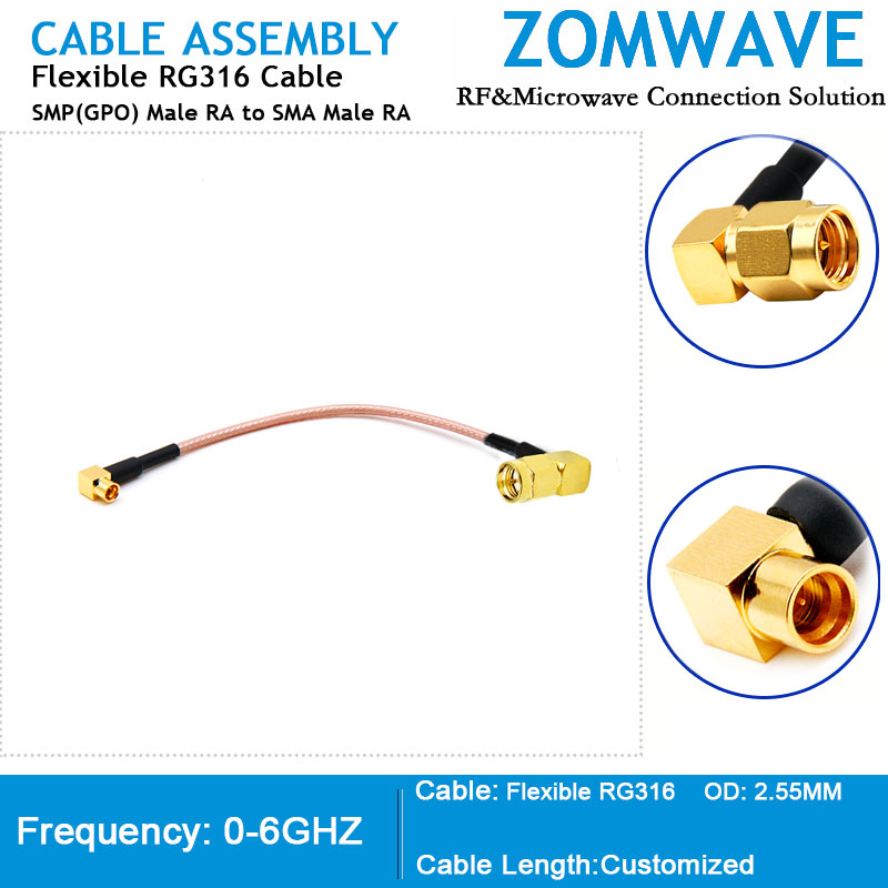 SMP(GPO) Male Right Angle to SMA Male Right Angle, RG316 Cable, 6GHz