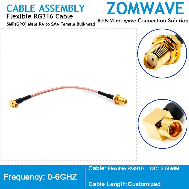 SMP(GPO) Male Right Angle to SMA Female Bulkhead, RG316 Cable, 6GHz