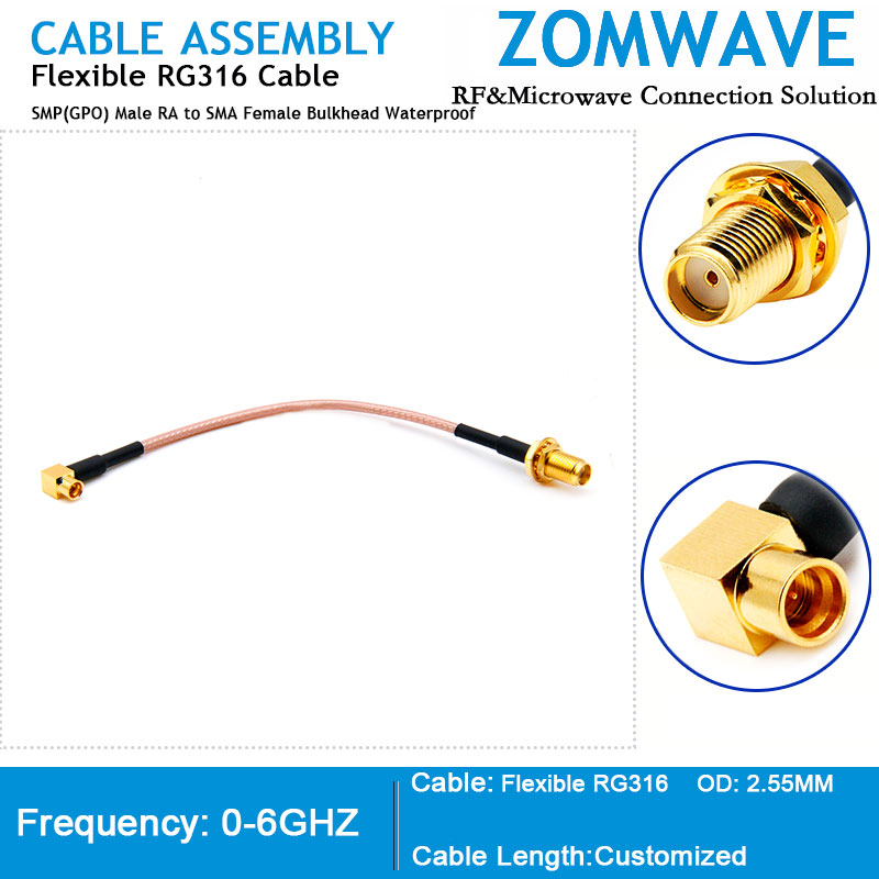 SMP(GPO) Male Right Angle to SMA Female Bulkhead Waterproof, RG316 Cable, 6GHz