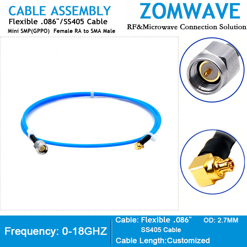 Mini SMP(GPPO)  Female Right Angle to SMA Male, Flexible .086''_SS405, 18Ghz