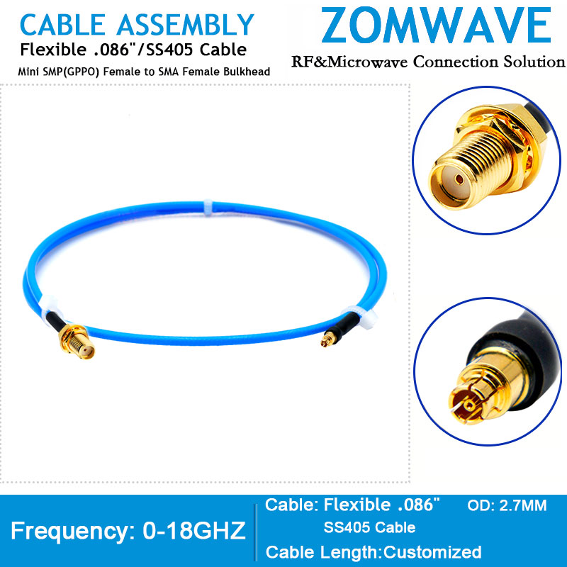 Mini SMP(GPPO) Female to SMA Female Bulkhead, Flexible .086''_SS405 Cable, 18GHz