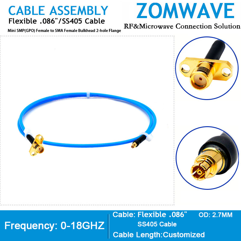 Mini SMP(GPPO) Female to SMA (F) Bulkhead 2-hole Flange, Flexible.086''SS405,18G