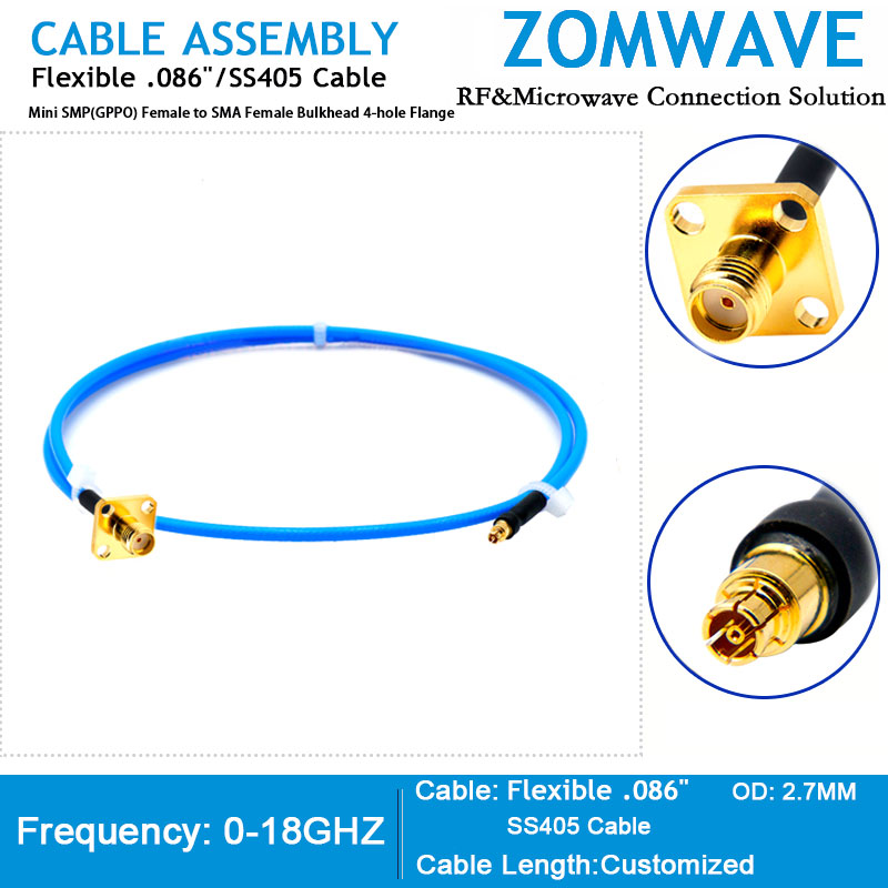 Mini SMP(GPPO) Female to SMA(F) Bulkhead 4-hole Flange, Flexible .086''SS405,18G