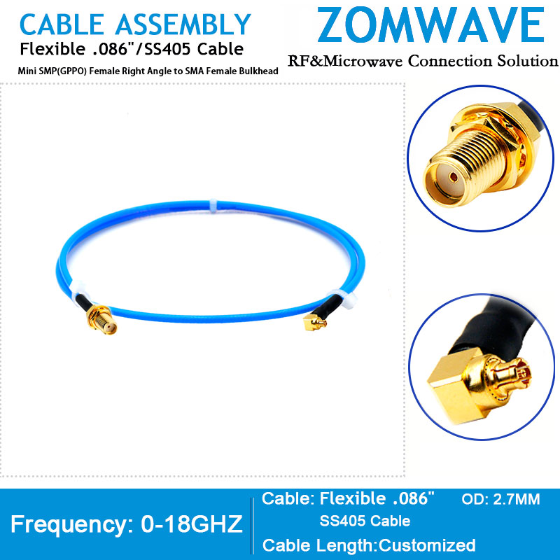 Mini SMP(GPPO) Female RA  to SMA Female Bulkhead, Flexible .086''_SS405 ,18GHZ