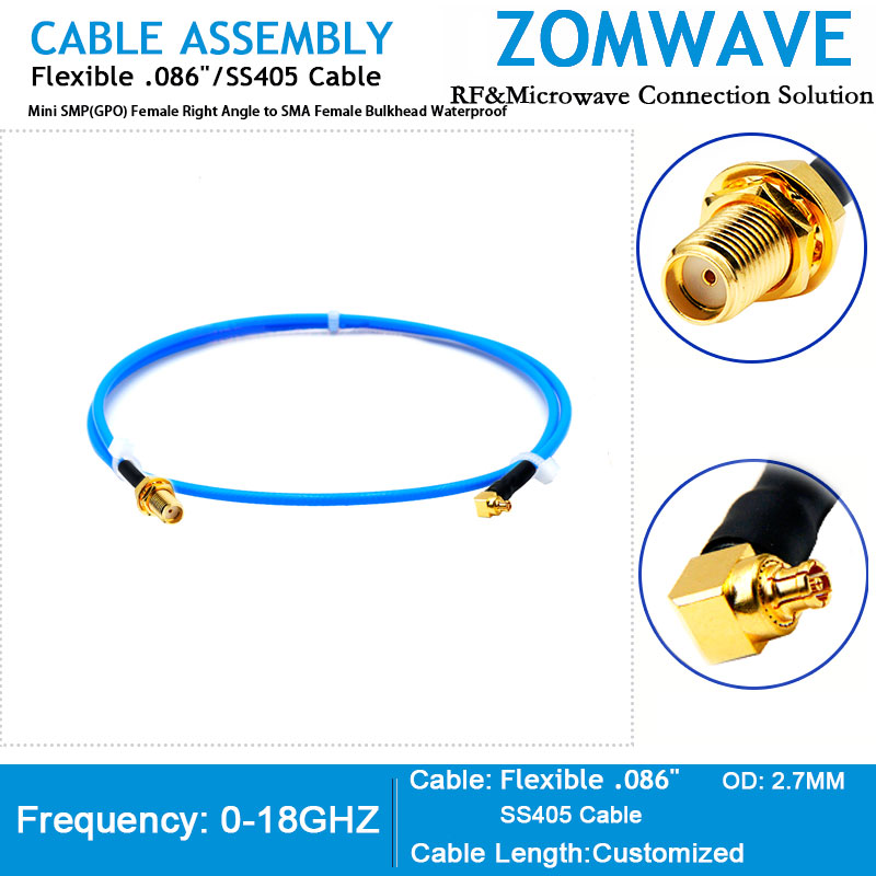 Mini SMP(GPO) Female RA to SMA(F) Bulkhead Waterproof, Flexible 086' SS405,18GHZ