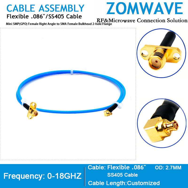 Mini SMP(GPO) Female RA to SMA Female Bulkhead 2-hole Flange,Flexible 086'',18GH