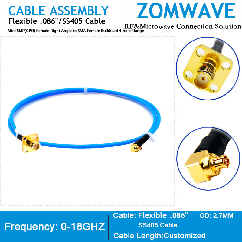 Mini SMP(GPPO) Female RA to SMA Female Bulkhead 4-hole Flange,Flexible 086'' 18G