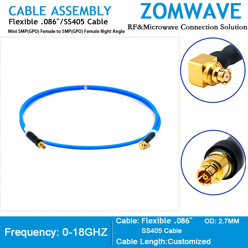 Mini SMP(GPO) Female to SMP(GPO) Female Right Angle,Flexible .086''/SS405, 18GHZ