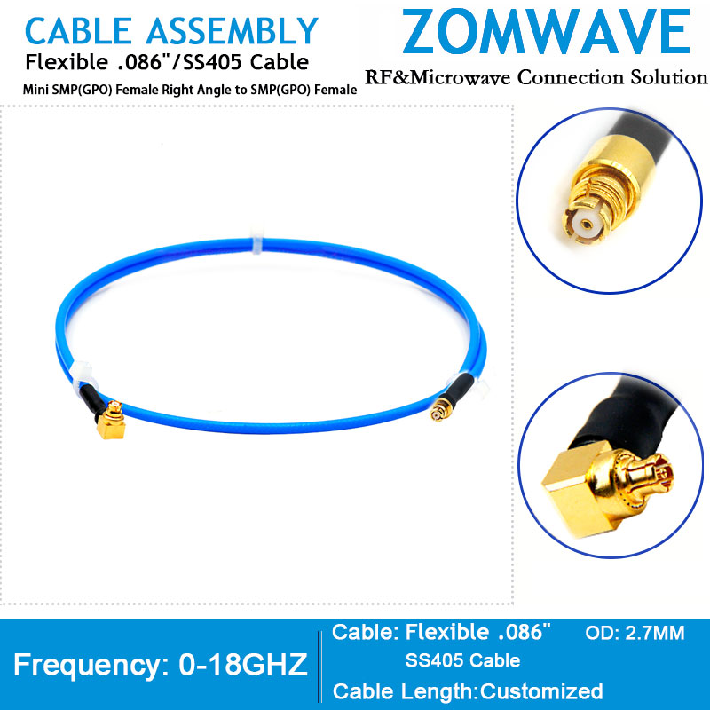 Mini SMP(GPPO) Female Right Angle to SMP(GPO) Female,Flexible .086''_SS405,18GHZ