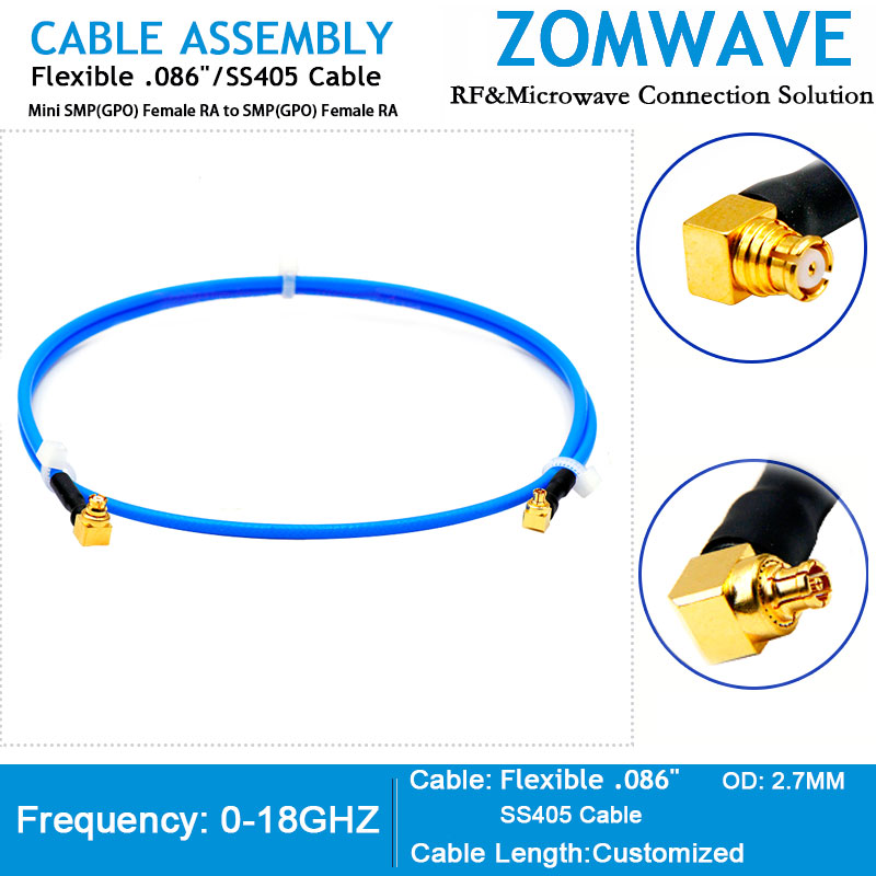 Mini SMP(GPPO) Female RA to SMP(GPO) Female RA, Flexible .086''/SS405, 18GHZ