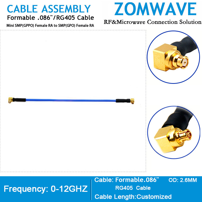 Mini SMP(GPPO) Female RA to SMP(GPO) Female RA, Formable .086'/RG405, 12GHZ