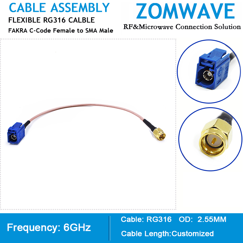 FAKRA C-Code Female to SMA Male, RG316 Cable, 6GHz
