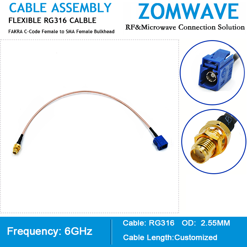 FAKRA C-Code Female to SMA Female Bulkhead, RG316 Cable, 6GHz