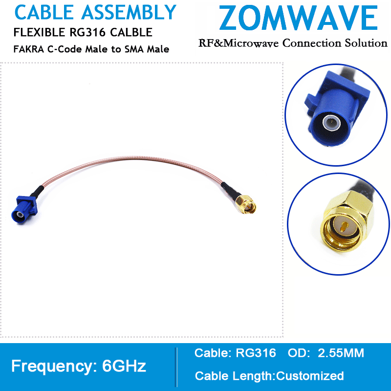 FAKRA C-Code Male to SMA Male, RG316 Cable, 6GHz
