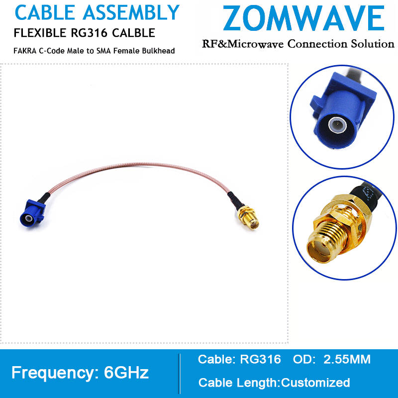 FAKRA C-Code Male to SMA Female Bulkhead, RG316 Cable, 6GHz