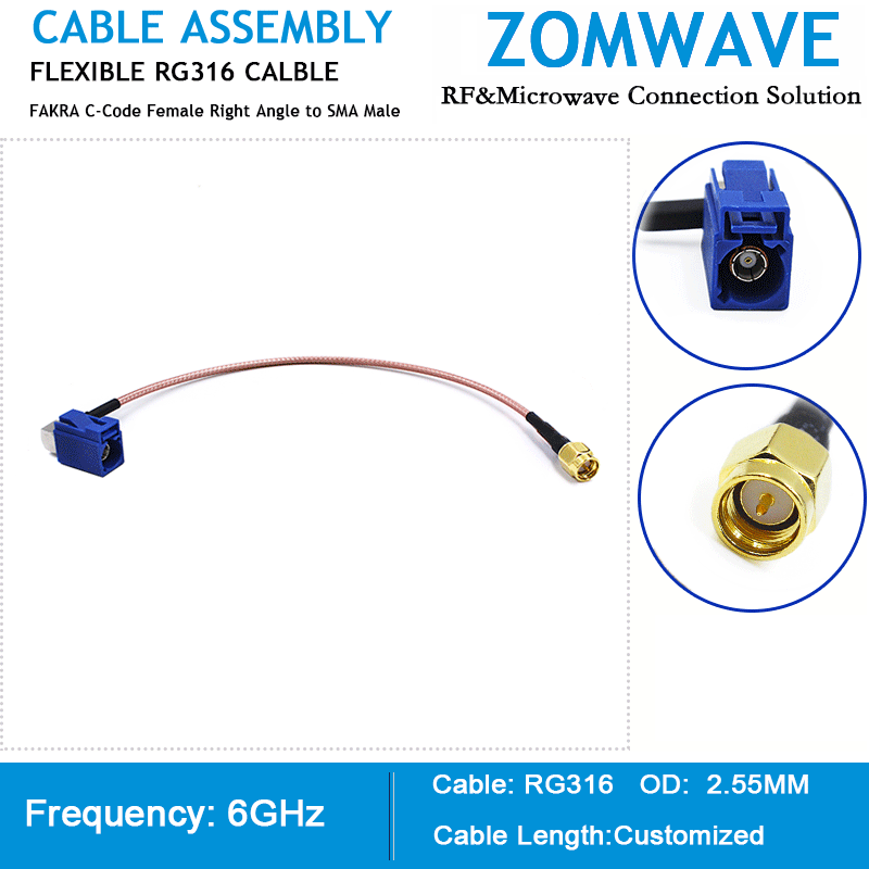 FAKRA C-Code Female Right Angle to SMA Male, RG316 Cable, 6GHz