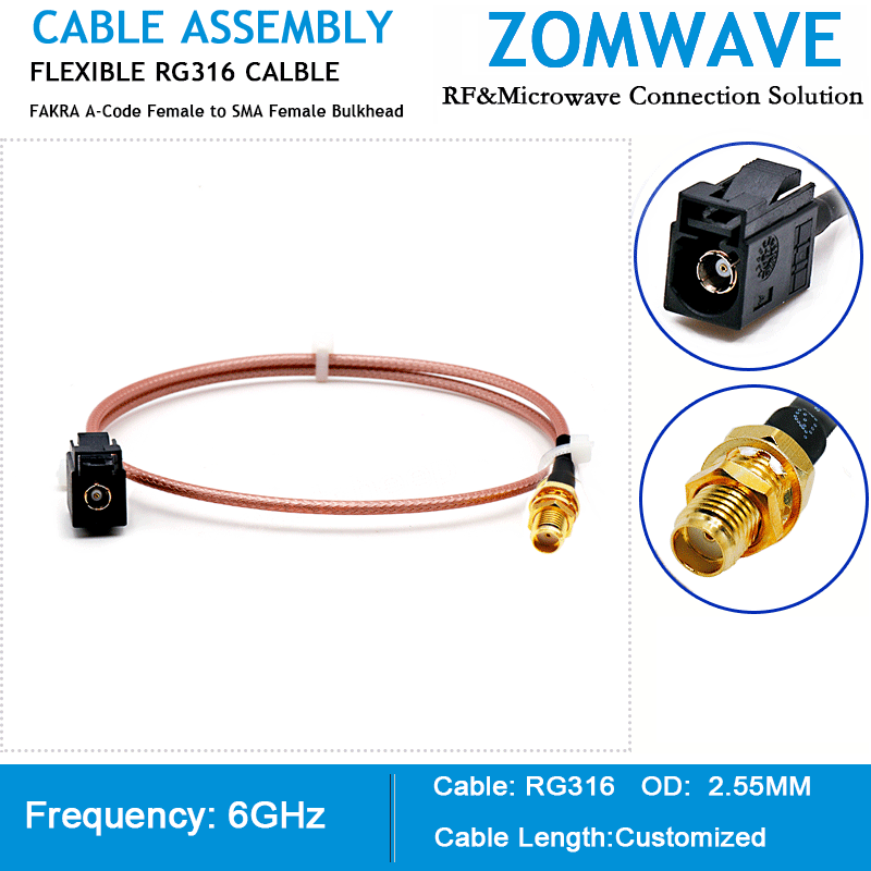 FAKRA A-Code Female to SMA Female Bulkhead, RG316 Cable, 6GHz