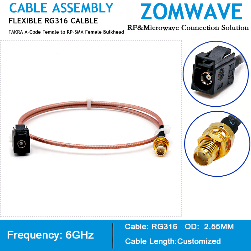 FAKRA A-Code Female to RP-SMA Female Bulkhead, RG316 Cable, 6GHz