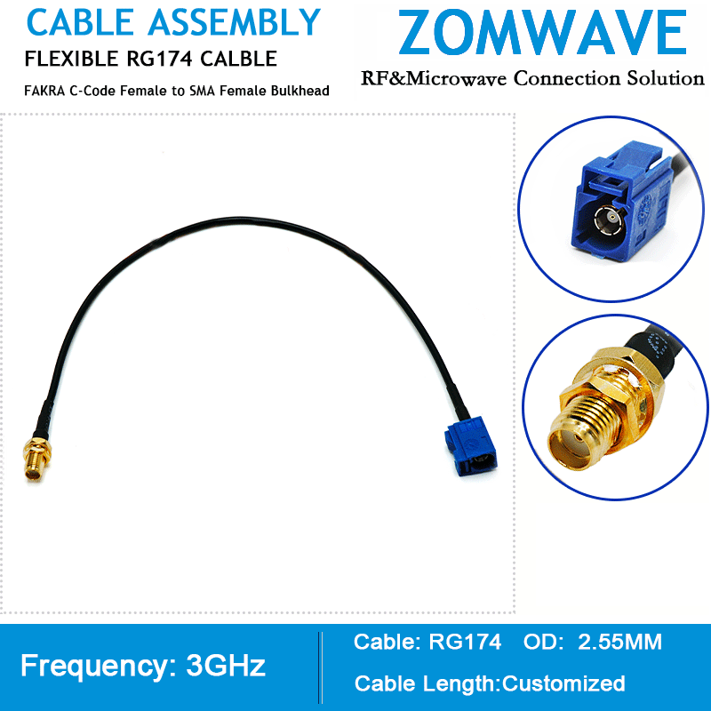 FAKRA C-Code Female to SMA Female Bulkhead, RG174 Cable, 3GHz