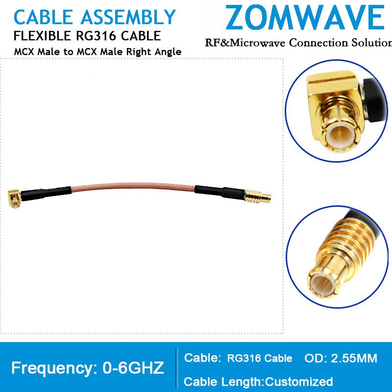 MCX Male to MCX Male Right Angle, RG316 Cable, 6GHz