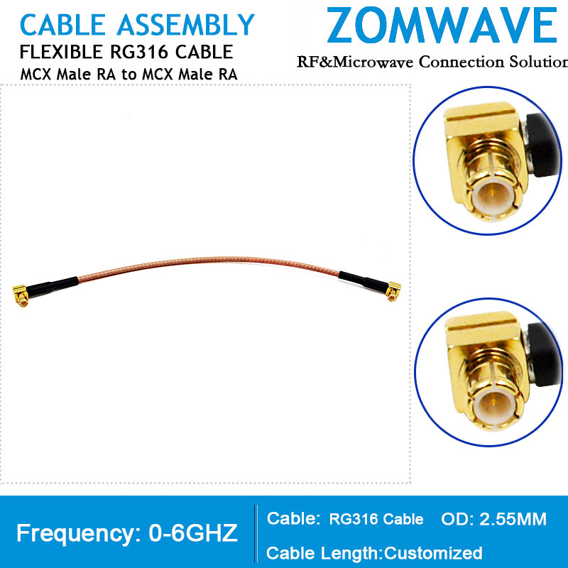 MCX Male Right Angle to MCX Male Right Angle, RG316 Cable, 6GHz