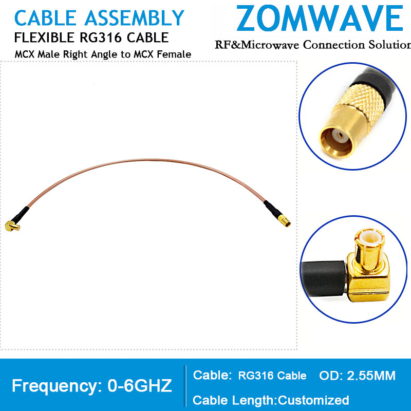 MCX Male Right Angle to MCX Female, RG316 Cable, 6GHz