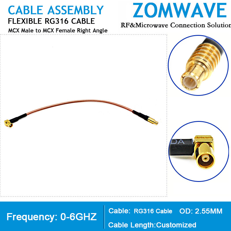 MCX Male to MCX Female Right Angle, RG316 Cable, 6GHz