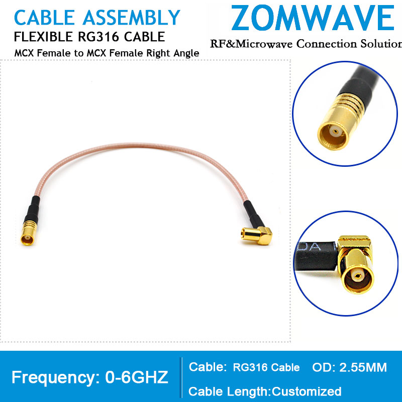 MCX Female to MCX Female Right Angle, RG316 Cable, 6GHz
