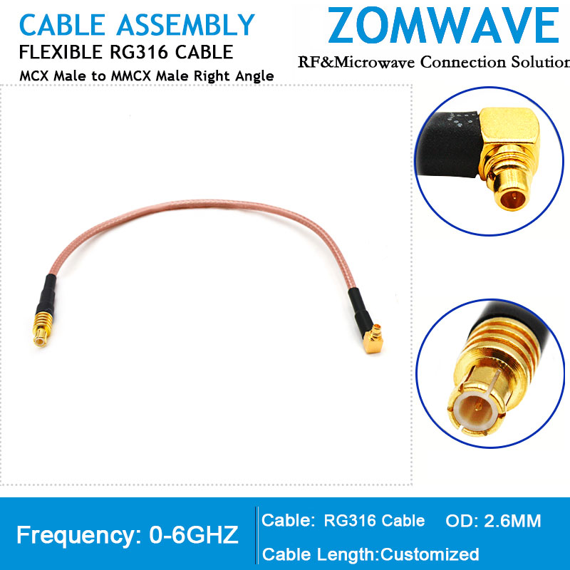 MCX Male to MMCX Male Right Angle, RG316 Cable, 6GHz