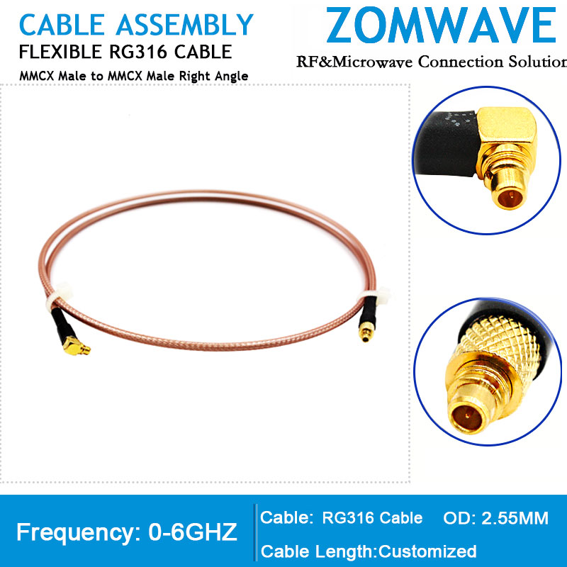 MMCX Male to MMCX Male Right Angle, RG316 Cable, 6GHz
