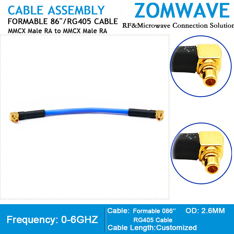 MMCX Male Right Angle to MMCX Male Right Angle, Formable .86''_RG405 Cable, 6GHz