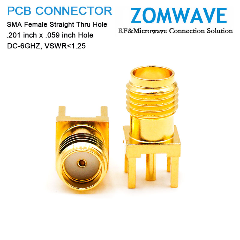 SMA Female Straight Thru Hole PCB Connector, .201 inch x .059 inch Hole, 6GHz