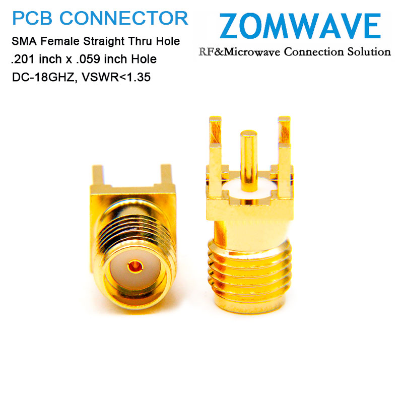 SMA Female Straight Thru Hole PCB Connector, .201 inch x .059 inch Hole, 18GHz