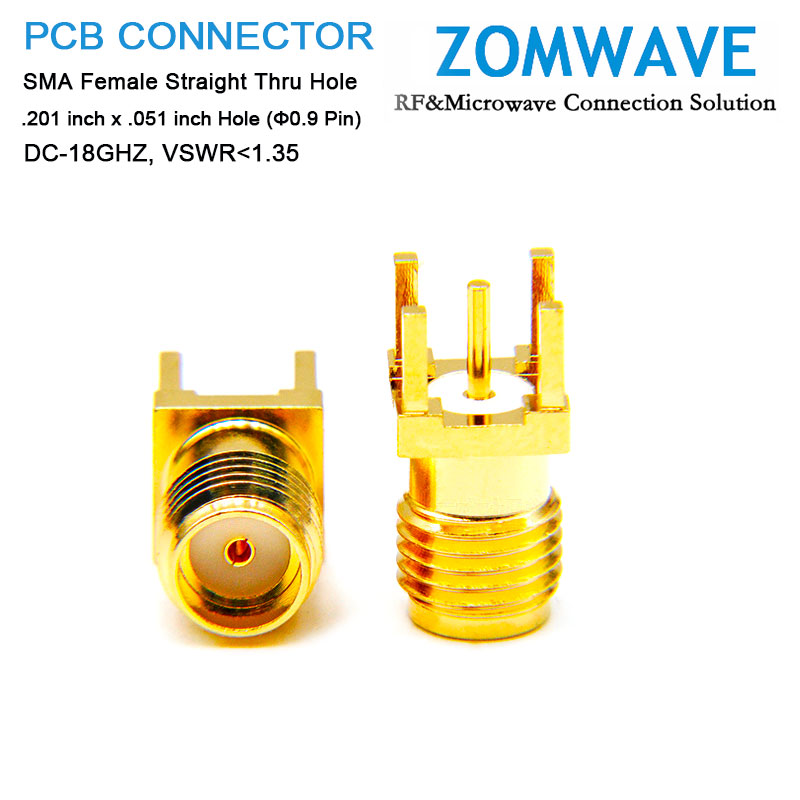 SMA Female Straight Thru Hole PCB Connector, .201 inch x .051 inch Hole, 18GHz