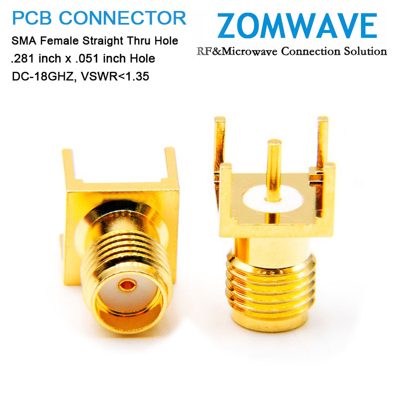 SMA Female Straight Thru Hole PCB Connector, .281 inch x .051 inch Hole, 18GHz