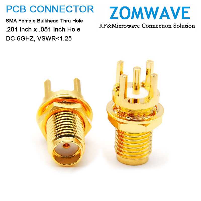 SMA(F)Bulkhead Straight Thru Hole PCB Connector, .201 inch x .051 inch Hole, 6GH