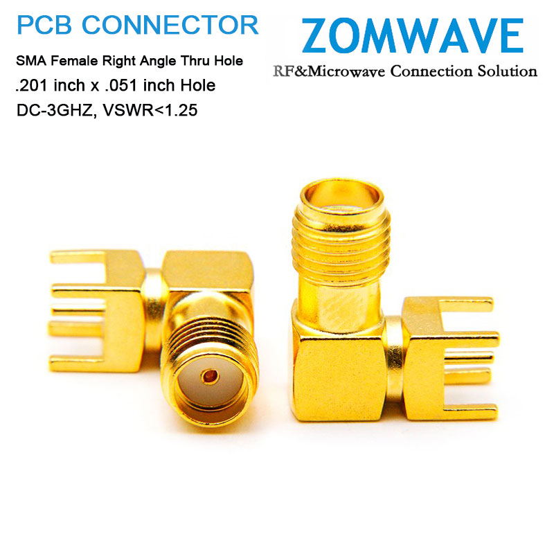 SMA Female Right Angle Thru Hole PCB Connector, .201 inch x .051 inch Hole, 3GHz