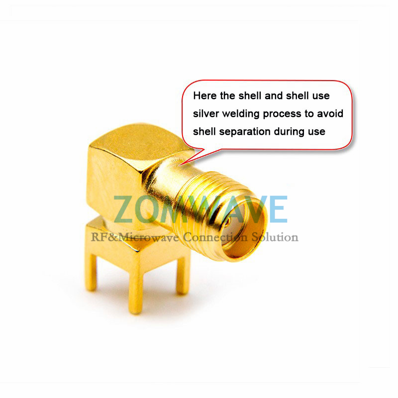 SMA Female Right Angle Thru Hole PCB Connector, .201 inch x .051 inch Hole, 3GHz