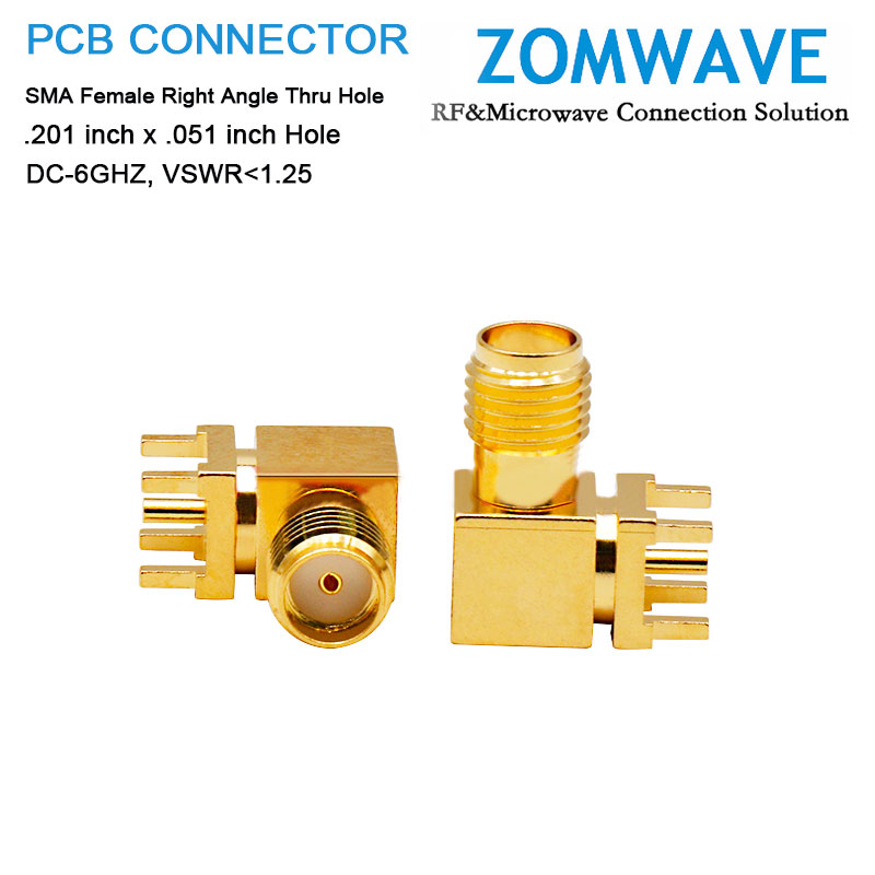 SMA Female Right Angle Thru Hole PCB Connector, .201 inch x .051 inch Hole, 6GHz