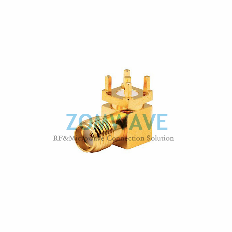 SMA Female Right Angle Thru Hole PCB Connector, .201 inch x .051 inch Hole, 6GHz