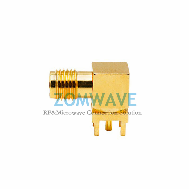 SMA Female Right Angle Thru Hole PCB Connector, .201 inch x .051 inch Hole, 6GHz