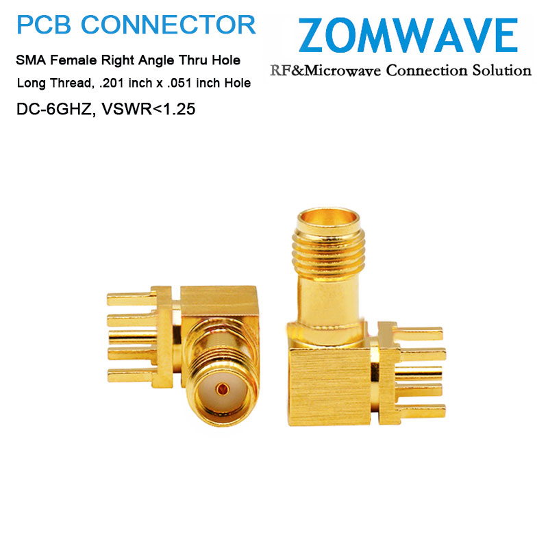 SMA Female RA Thru Hole PCB Connector,Long Thread,.201 inch x .051 inch Hole,6GH