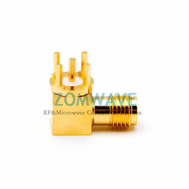 SMA Female RA Thru Hole PCB Connector,Long Thread,.201 inch x .051 inch Hole,6GH