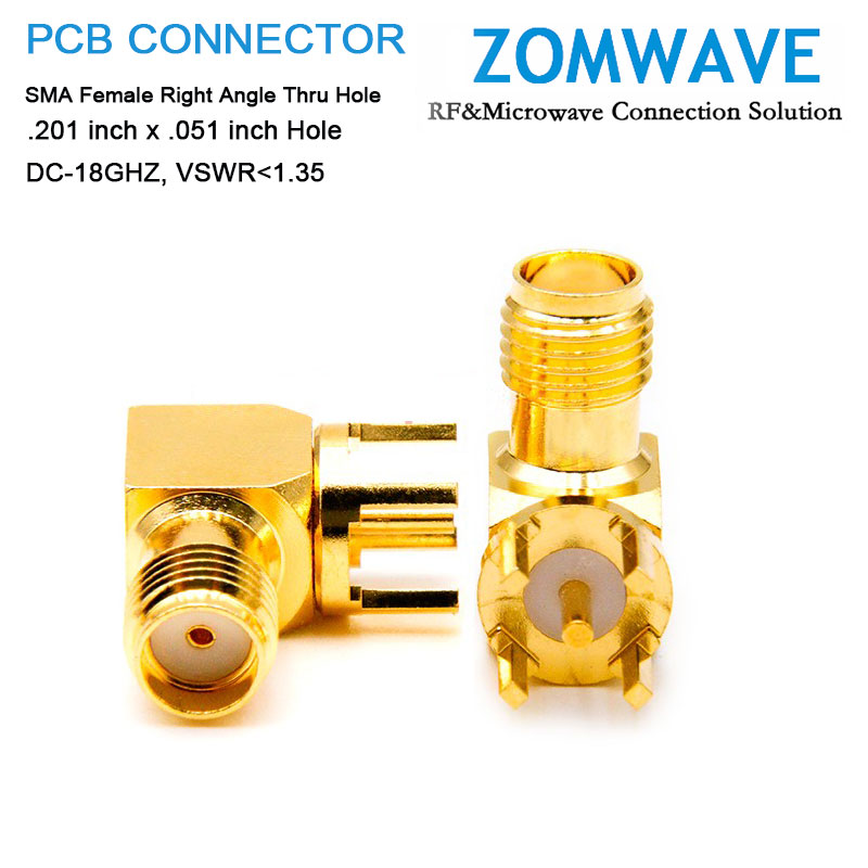 SMA Female Right Angle Thru Hole PCB Connector, .201 inch x .051 inch Hole, 18GH